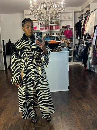 Zebra Trench Coat Dress w. Feather Trim