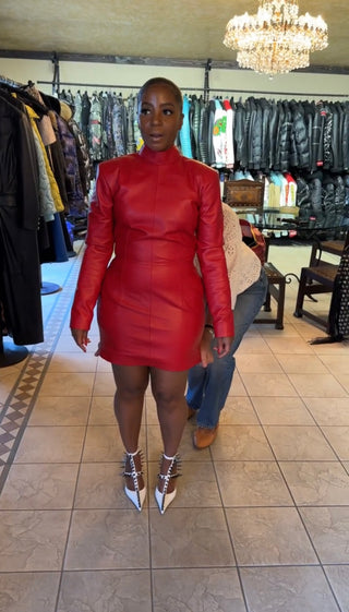 Red Leather Mini Dress w. Pockets