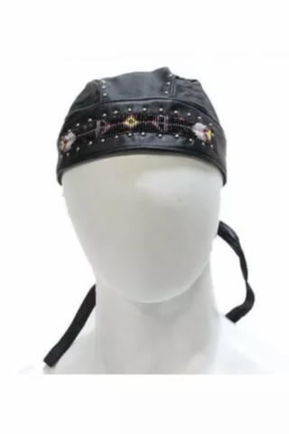 Beaded Studded Leather Biker Cap