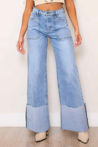 Stretch Wide Leg Cuff Jeans