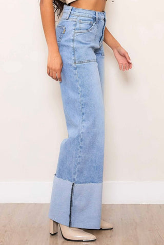 Stretch Wide Leg Cuff Jeans