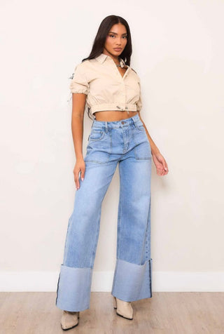 Stretch Wide Leg Cuff Jeans