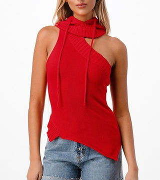 Red Knit Asymmetrical Hoodie Top - The Vault by Sacha